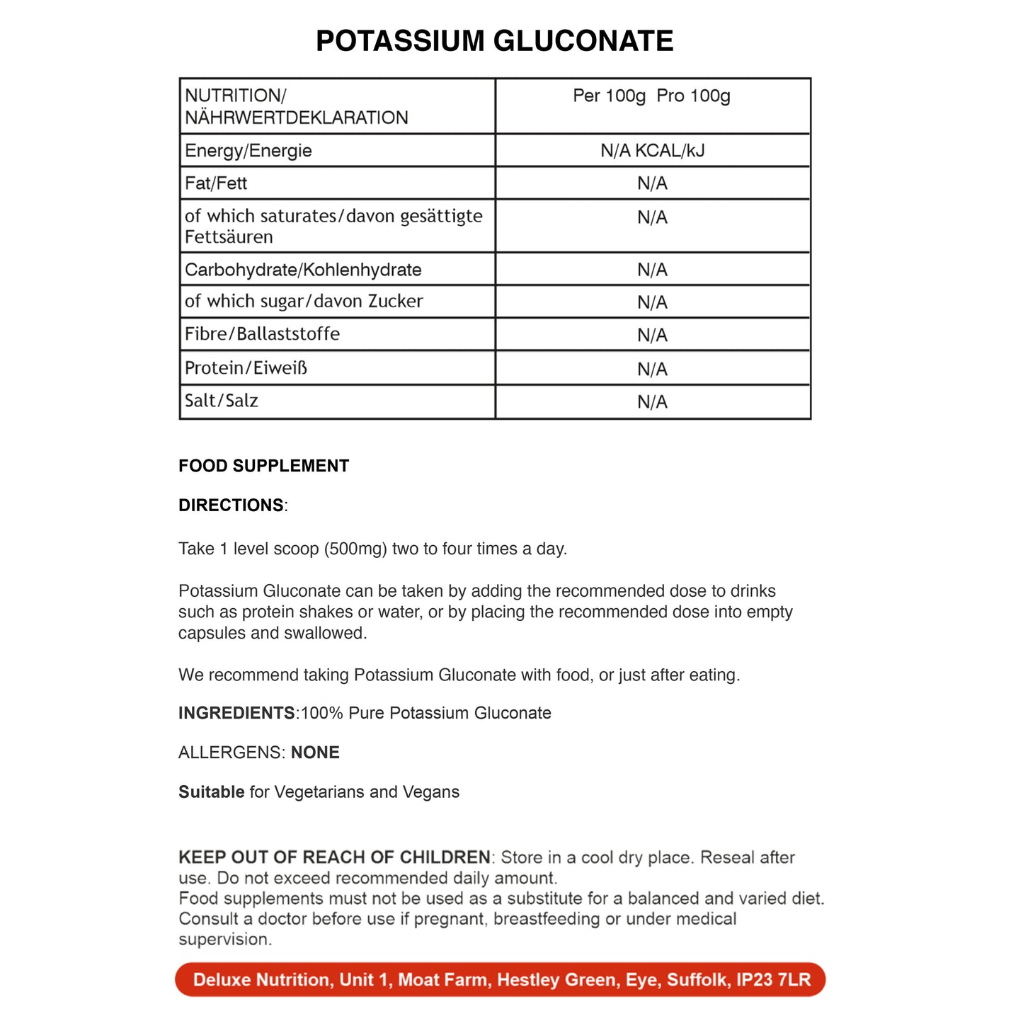POTASSIUM GLUCONATE POWDER ADDITIVE FREE 100% PURE VEGAN