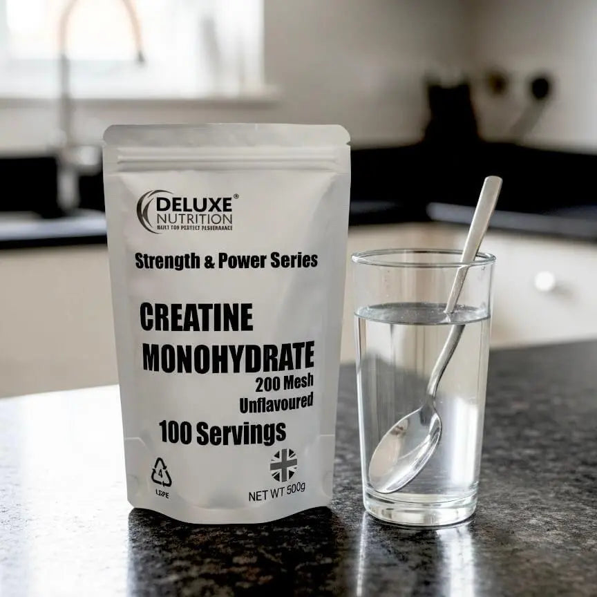Deluxe Nutrition Creatine Monohydrate packaging and benefits overview.
