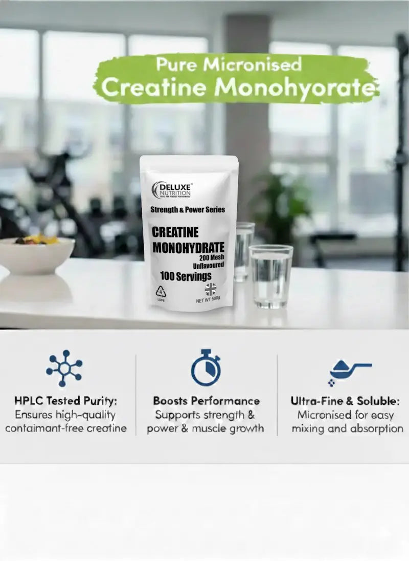 Deluxe Nutrition  creatine monohydrate Supplement package on a counter with a blurred background of a kitchen.
