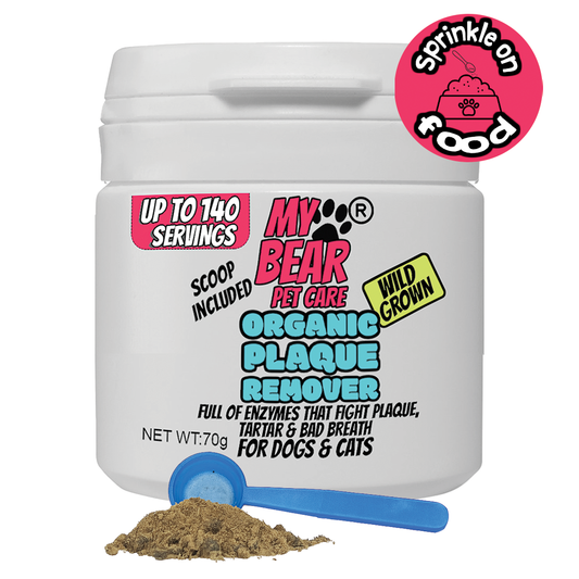 My Bear Pet Care Organic Plaque Remover for Cats and Dogs – 70g natural powder supplement with scoop included. Helps fight plaque, tartar, and bad breath. Sprinkle on pet food, up to 500 servings, wild grown and 100% natural.