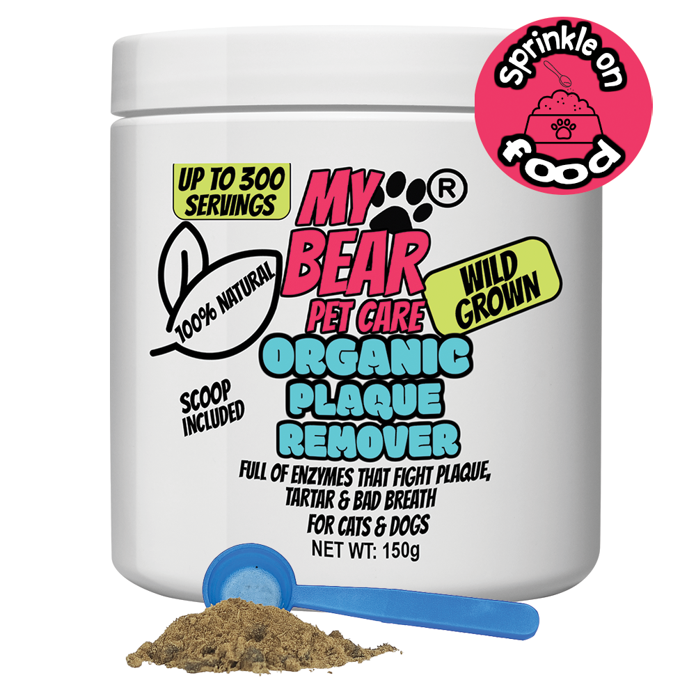 My Bear Pet Care Organic Plaque Remover for Cats and Dogs – 150g natural powder supplement with scoop included. Helps fight plaque, tartar, and bad breath. Sprinkle on pet food, up to 500 servings, wild grown and 100% natural.