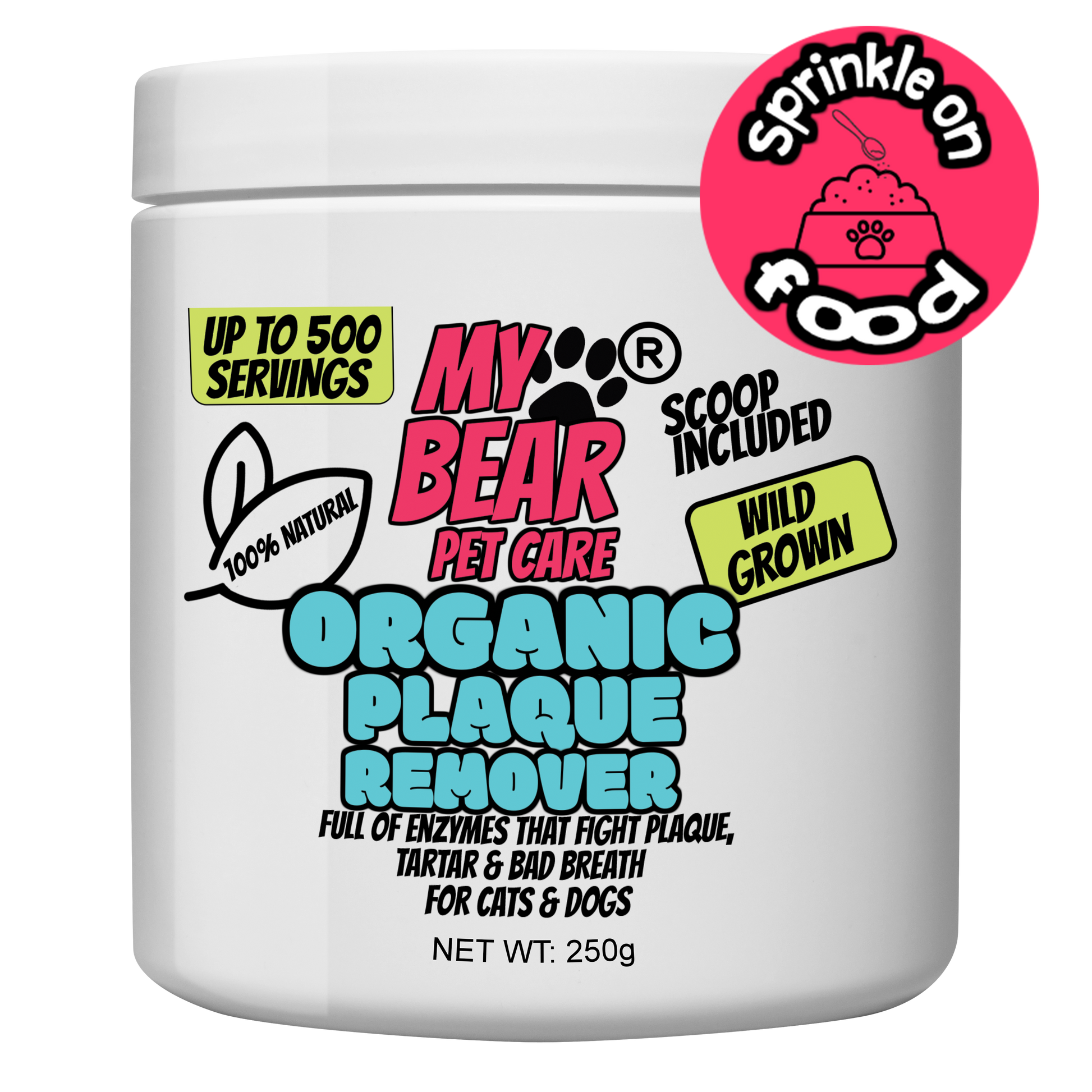 My Bear Pet Care Organic Plaque Remover for Cats and Dogs – 250g natural powder supplement with scoop included. Helps fight plaque, tartar, and bad breath. Sprinkle on pet food, up to 500 servings, wild grown and 100% natural.