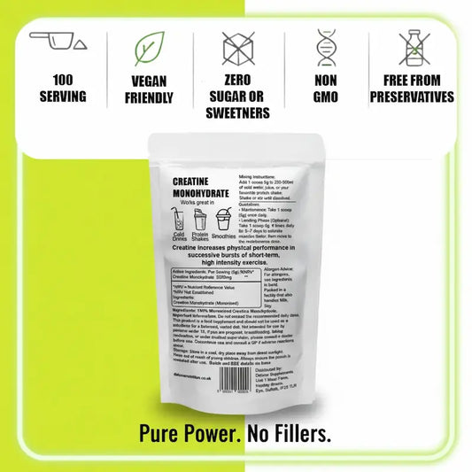 Deluxe Nutrition Creatine Monohydrate packaging and benefits overview.