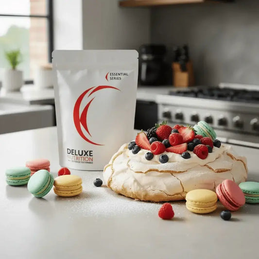 Deluxe Nutrition protein powder package with a pavlova dessert and macarons on a kitchen counter.