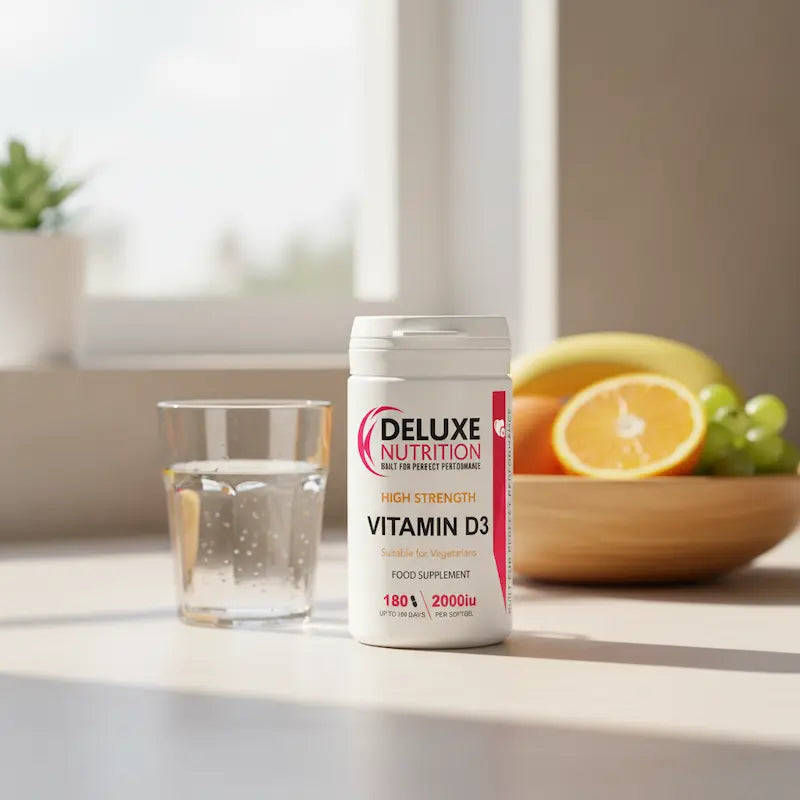 Deluxe Nutrition Vitamin D3 supplement on a table with a glass of water and fruits in the background