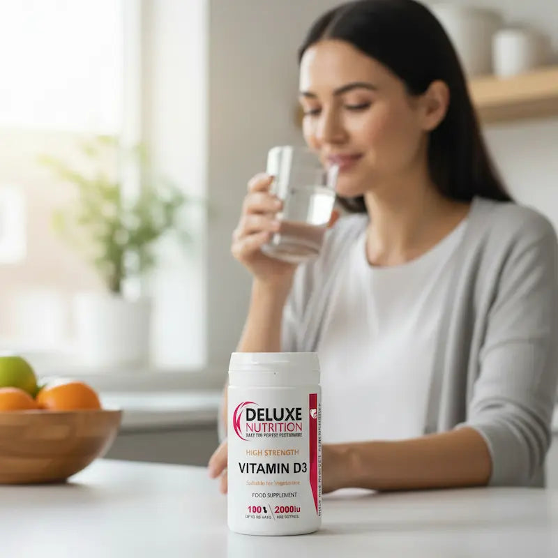 Woman holding a glass of water with a bottle of Deluxe Nutrition Vitamin D3 supplement on a table.